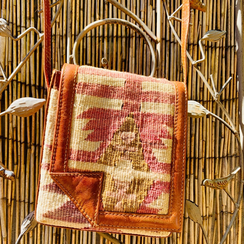 Handcrafted Leather and Woven embroidered handbag crossbody purse